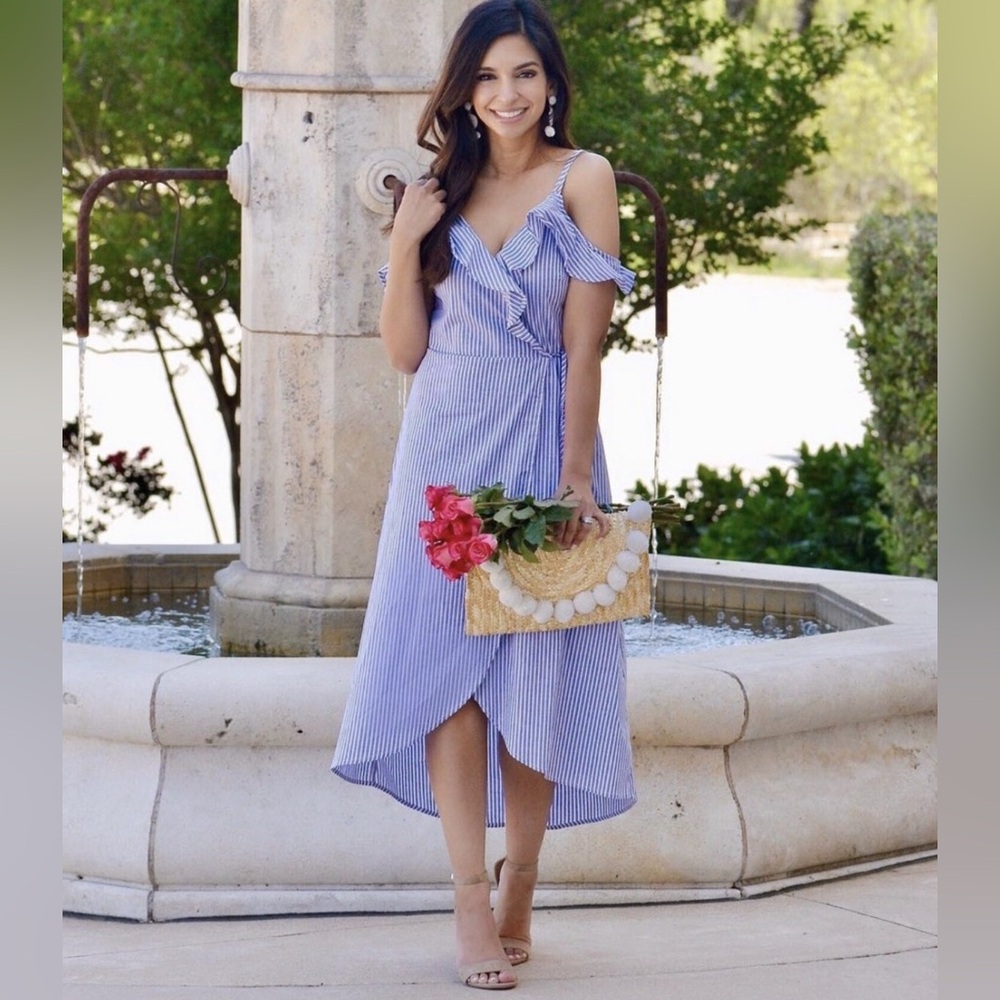 BP by Nordstrom Blue blue and white cold shoulder Ruffle Wrap Midi Dress size S